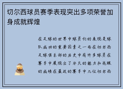 切尔西球员赛季表现突出多项荣誉加身成就辉煌