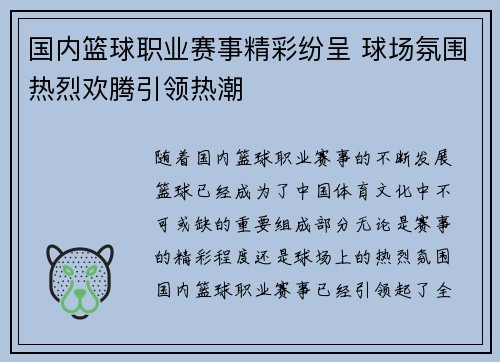 国内篮球职业赛事精彩纷呈 球场氛围热烈欢腾引领热潮